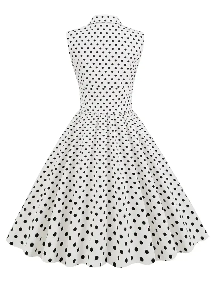 Vintage Rockabilly Midi Dress for Women Sleeveless Polka Dot Double Breasted White Cotton Dresses with Notched Collar