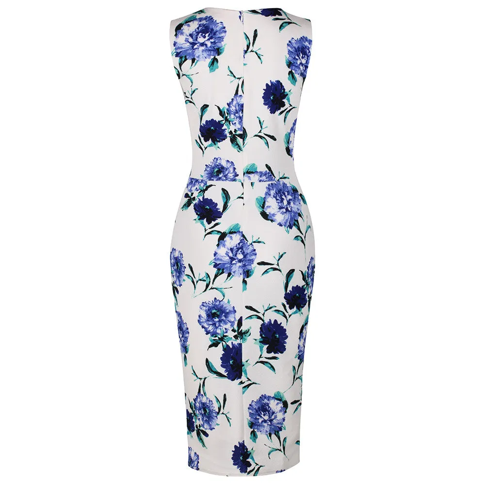 White Blue Floral Bodycon Dress