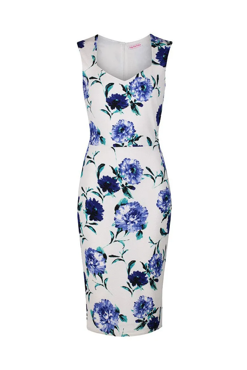 White Blue Floral Bodycon Dress