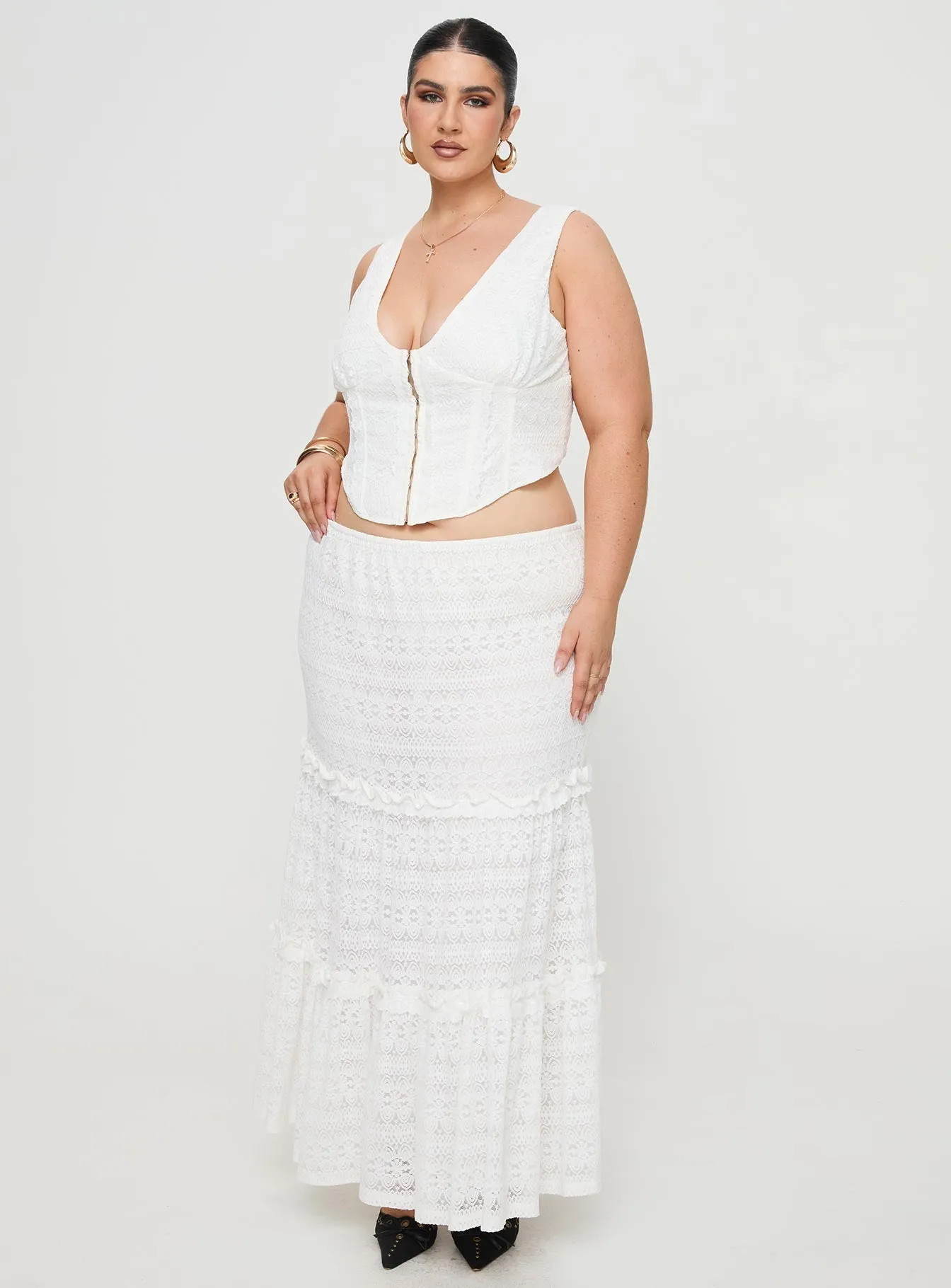 White Curve Maxi Skirt with Lace Detail