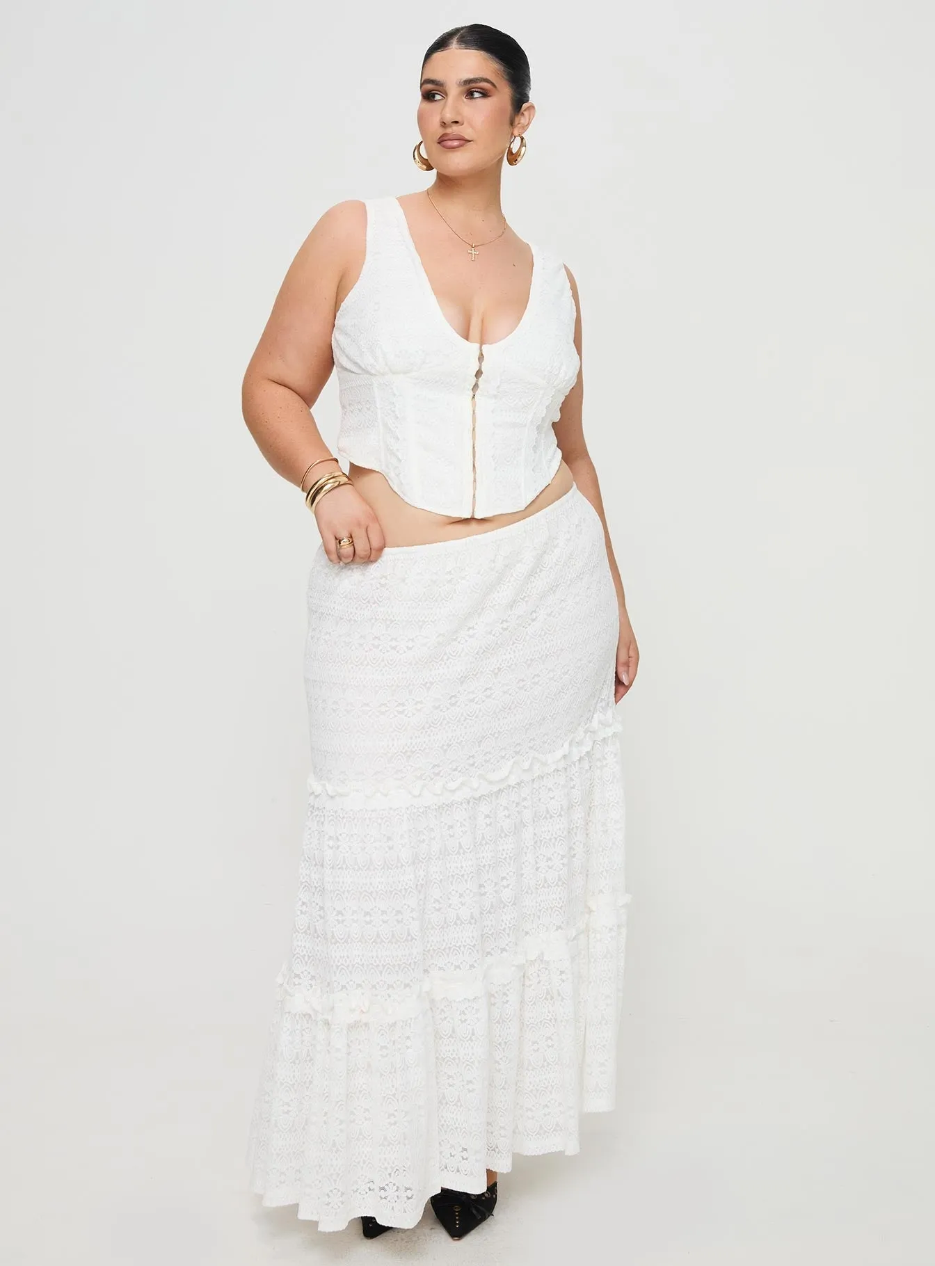 White Curve Maxi Skirt with Lace Detail