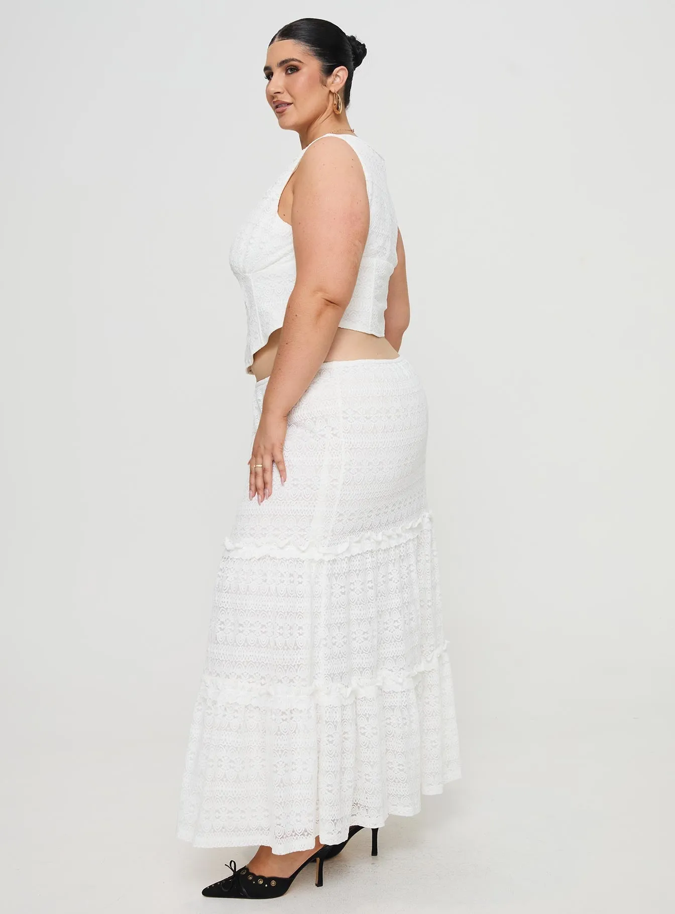 White Curve Maxi Skirt with Lace Detail