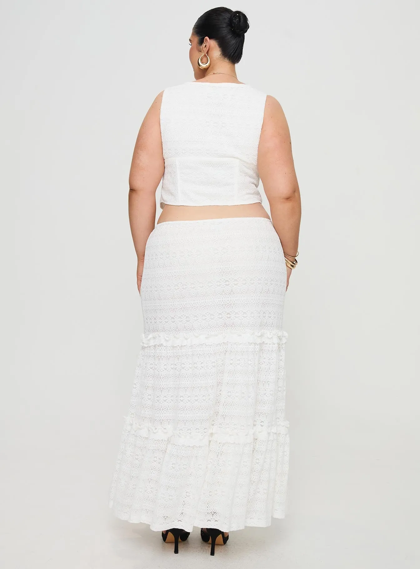 White Curve Maxi Skirt with Lace Detail