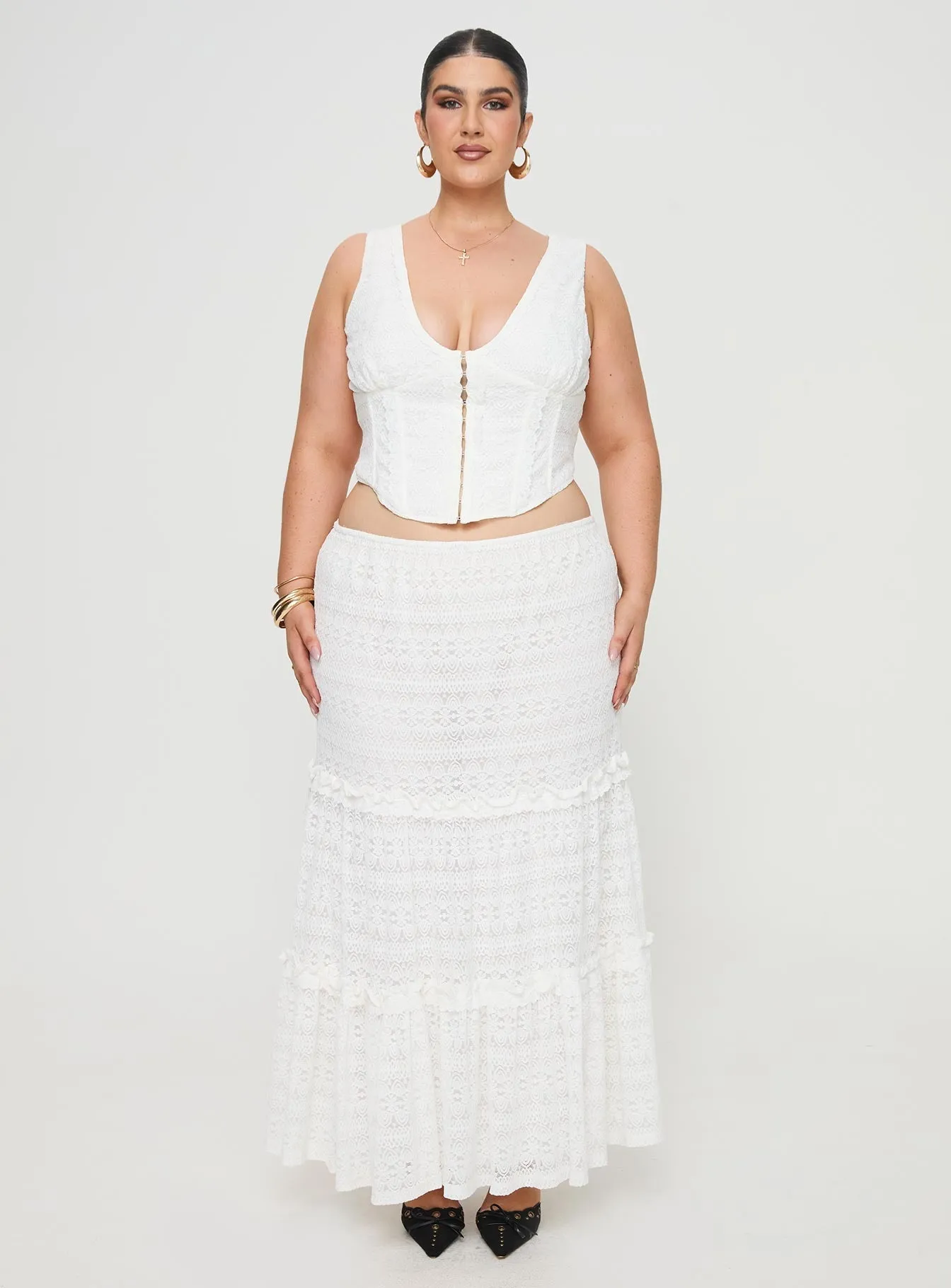 White Curve Maxi Skirt with Lace Detail