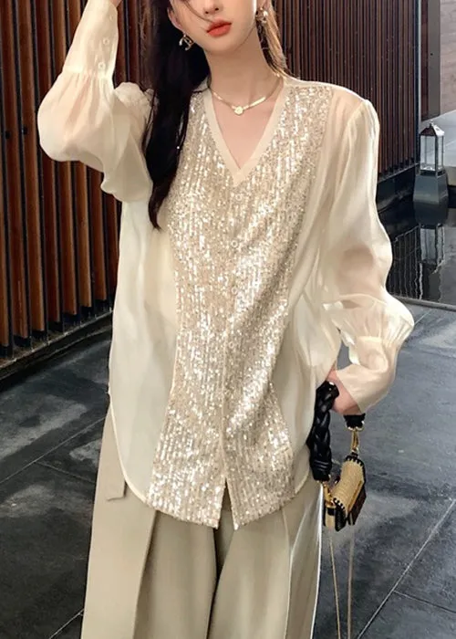 White V-Neck Sequins Patchwork Silk Blouse Long Sleeve