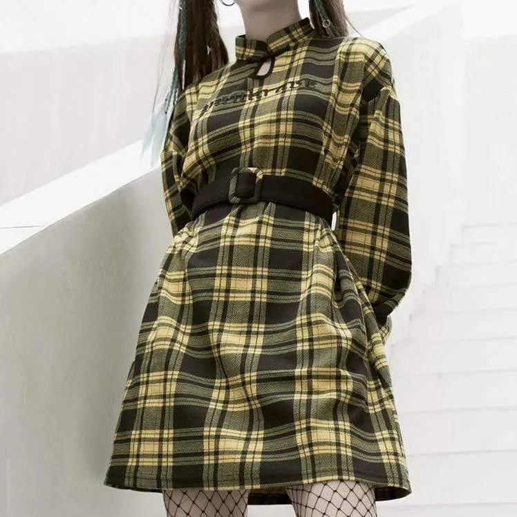 Casual Plaid Dresses for Autumn with Belt