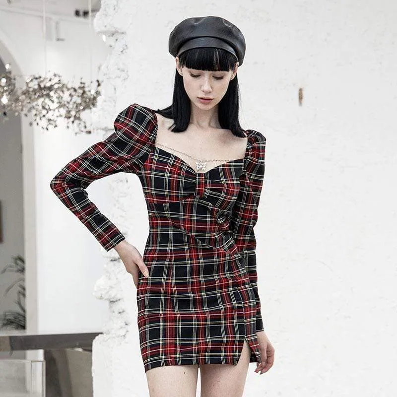 Grunge Plaid Dresses with Square Collar