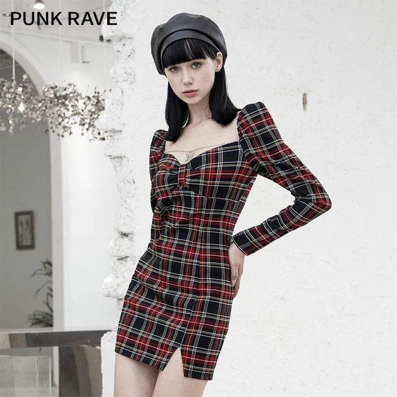 Grunge Plaid Dresses with Square Collar