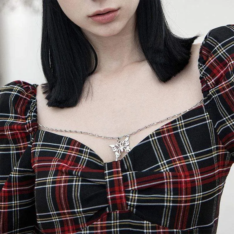 Grunge Plaid Dresses with Square Collar