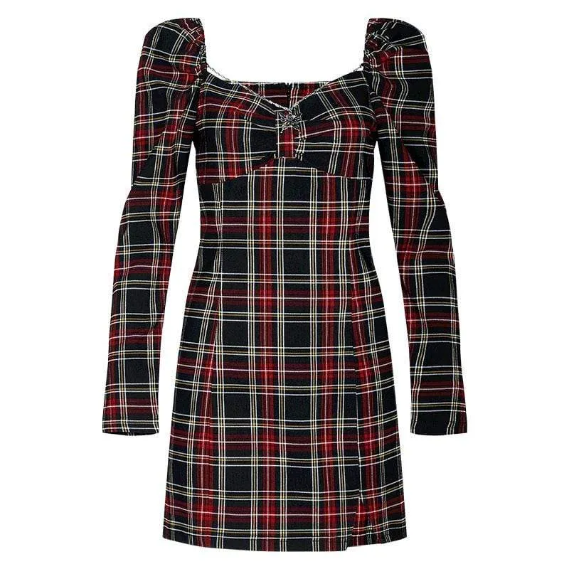 Grunge Plaid Dresses with Square Collar