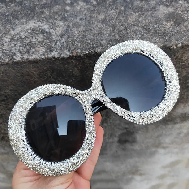 Women's Rhinestone Crystal Designer Round Sunglasses for Vintage Hip Hop Style