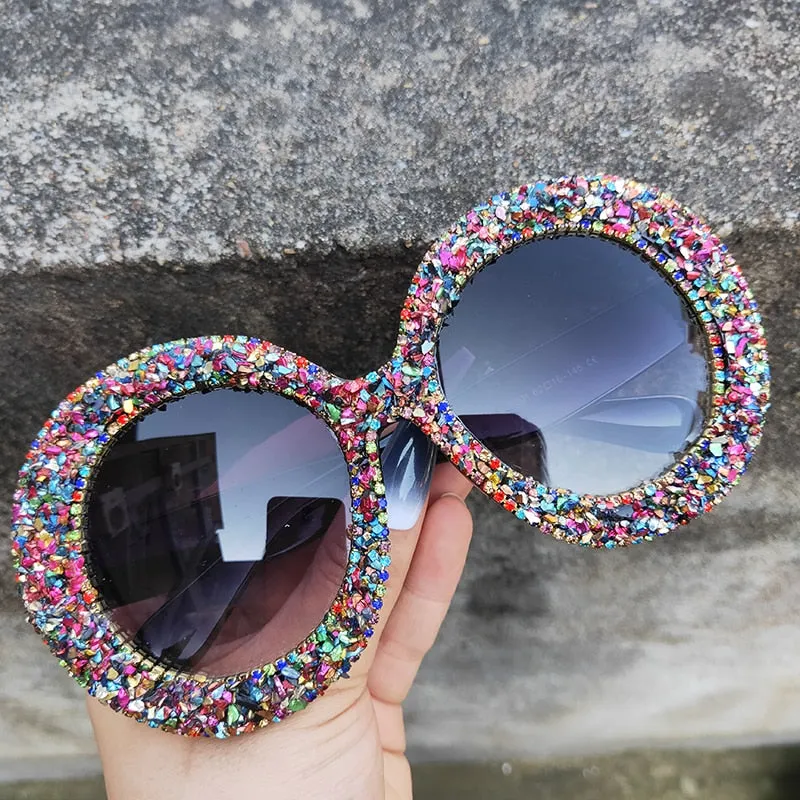 Women's Rhinestone Crystal Designer Round Sunglasses for Vintage Hip Hop Style