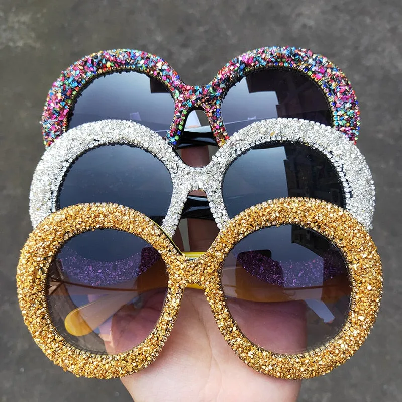 Women's Rhinestone Crystal Designer Round Sunglasses for Vintage Hip Hop Style